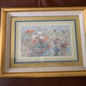 Hibel framed art. Titled "Four Vases of Flowers".